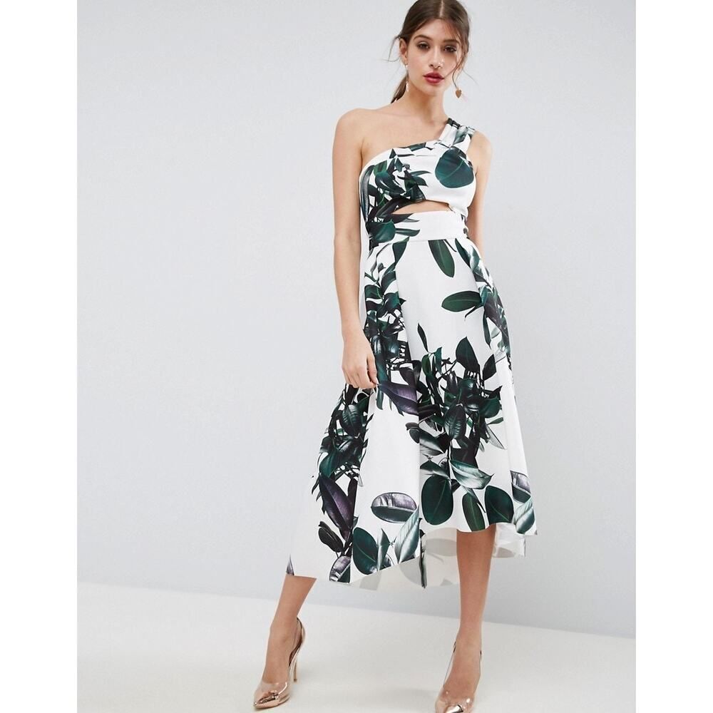 ASOS One Shoulder High-Low Dress Women's 6 White Green Palm Print Scuba